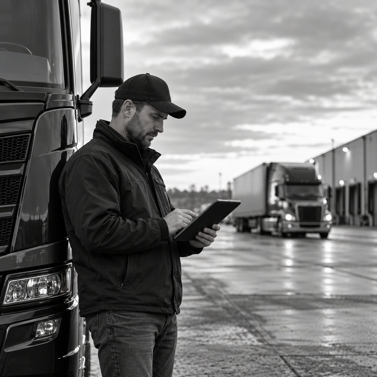 Illustrative logistics coordinator reviewing a tablet beside a truck.